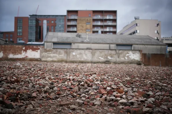 Cleared urban brownfield site with brick rubble