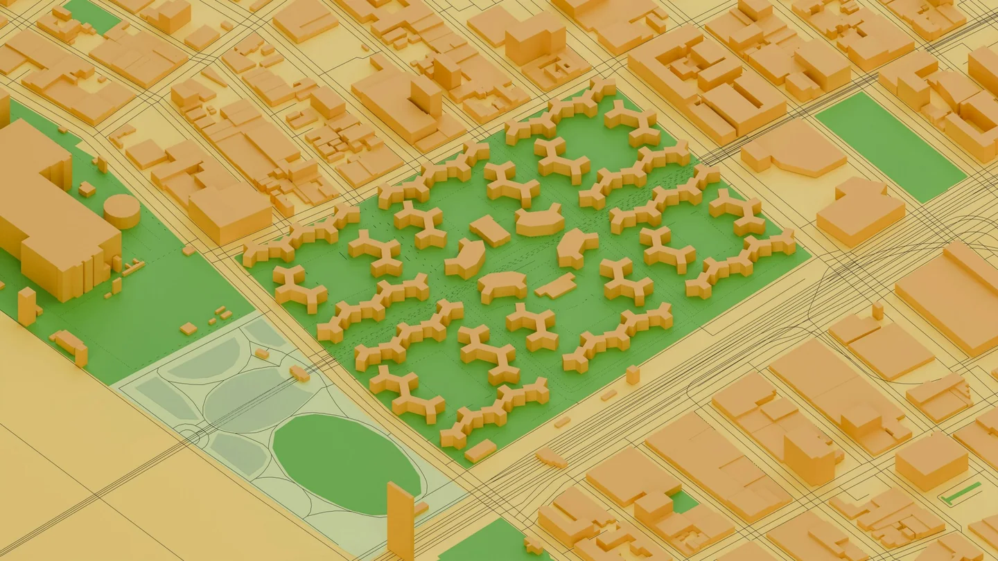 Model masterplan showing homes, streets and green space